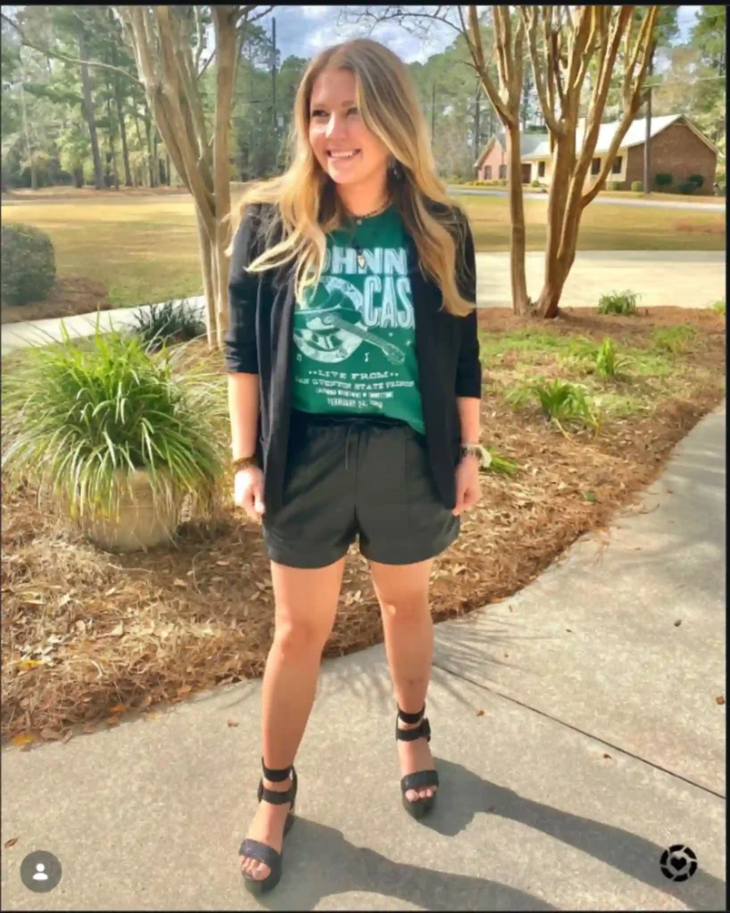 Graphic Tee with Black Shorts and Wedge Sandals