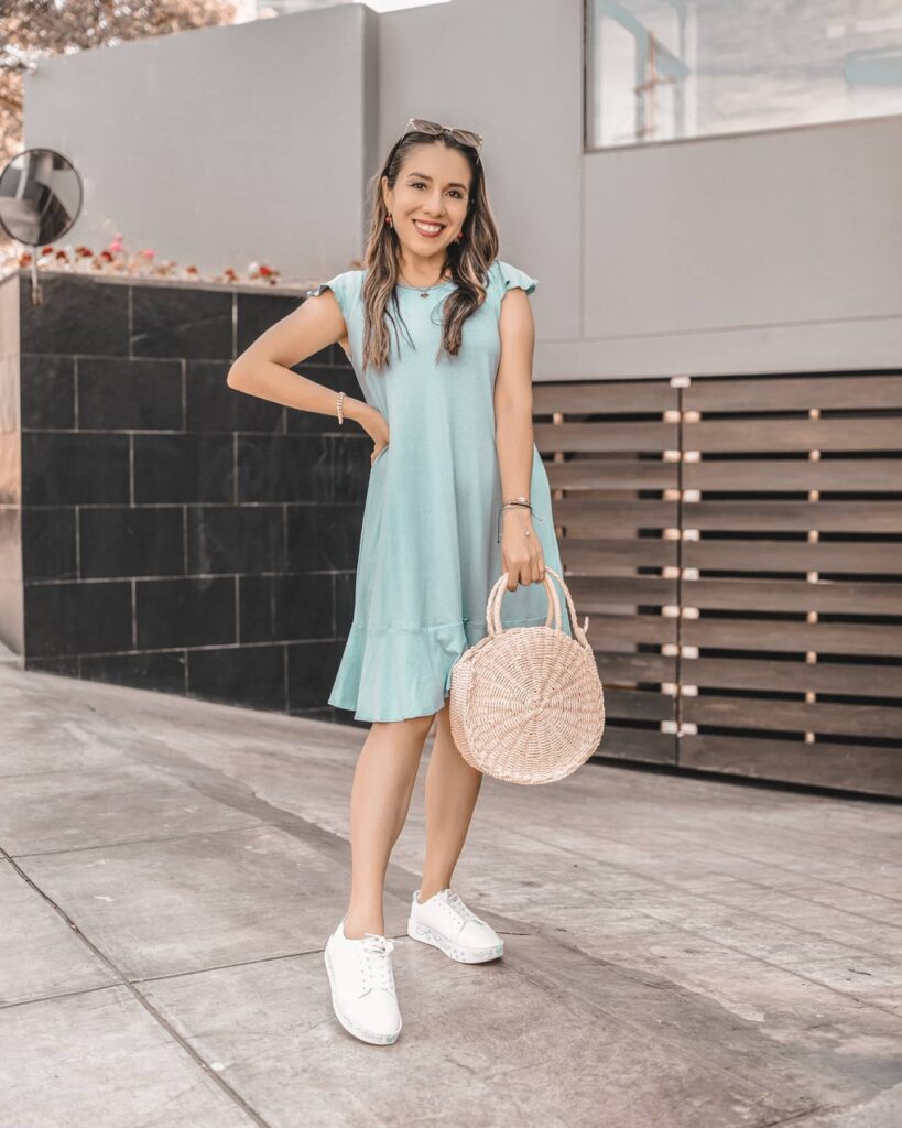 Mint Green Mini Dress with White Sneakers