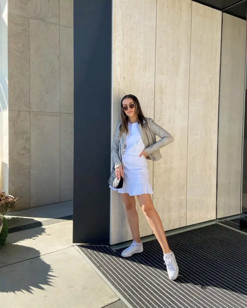 White Dress with Leather Jacket and White Sneakers