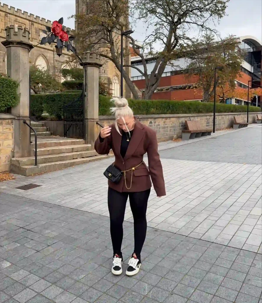 Brown Blazer with Black Leggings and Sneakers Outfit