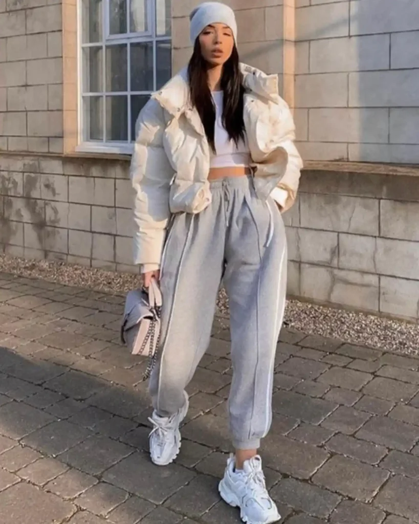 White Puffer Jacket with Gray Joggers and White Chunky Sneakers