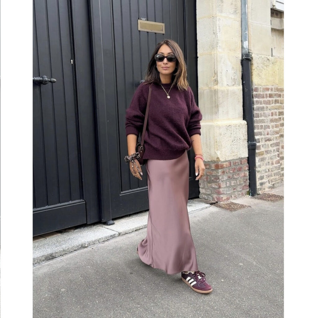 Burgundy Samba with Knit Sweater and Satin Skirt Outfit