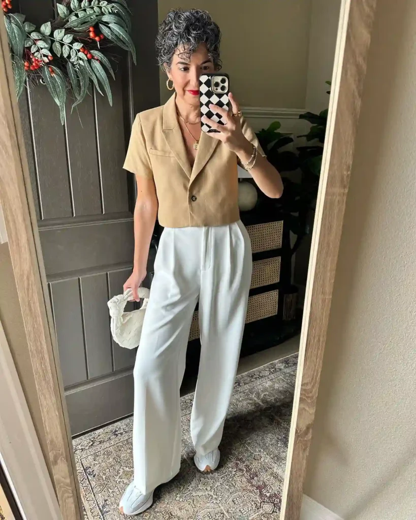 Beige Cropped Blazer with White Trousers and New Balance 327