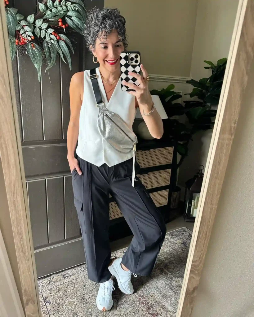 White Vest Top with Black Cargo Pants and New Balance 327