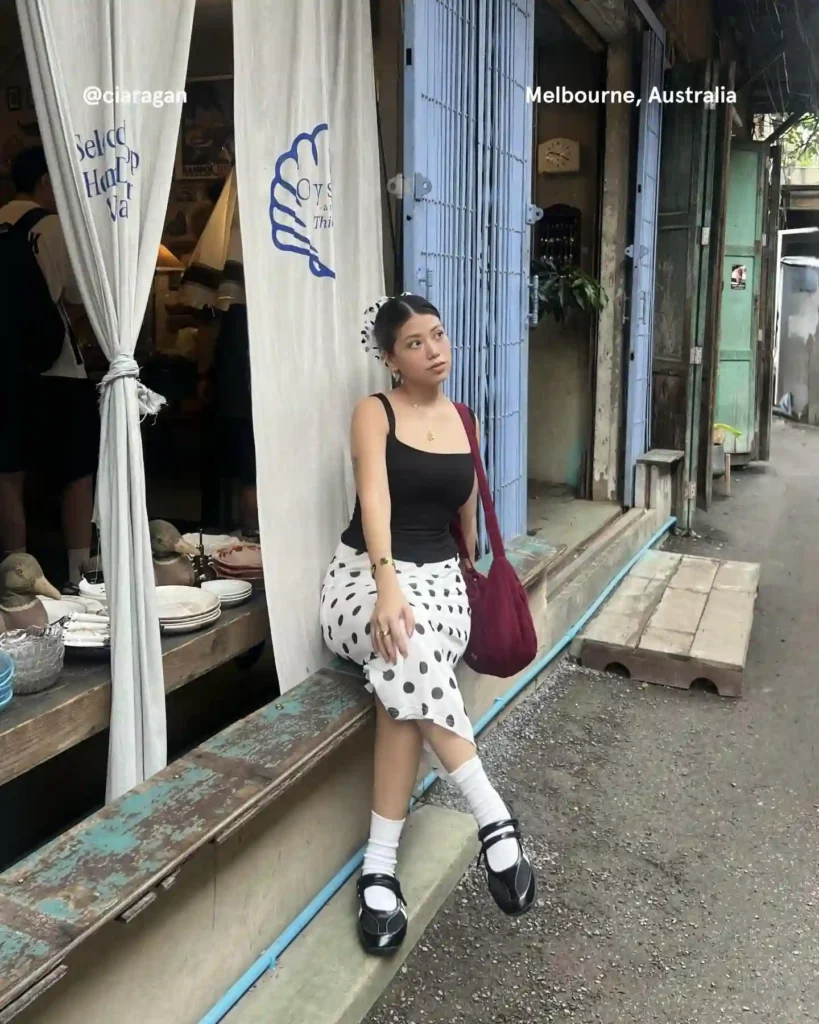 Black Tank Top with Polka Dot Skirt Ballet Sneakers Outfit