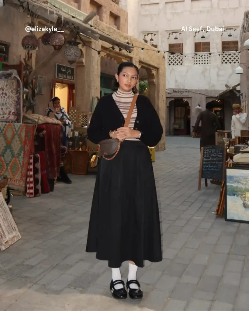 Striped Turtleneck with Black Midi Skirt Ballet Sneakers Outfit