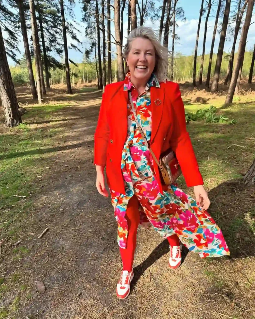 Red Blazer with Floral Dress and Sneakers