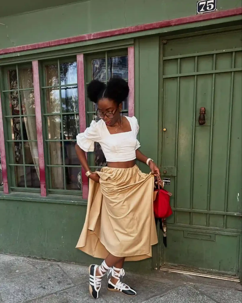 Puff Sleeve Top with Midi Skirt and Ballet Shoes