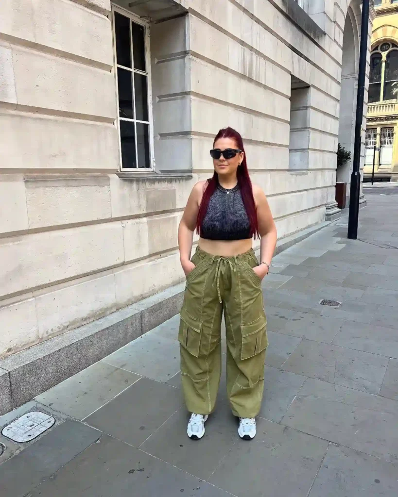 Olive Cargo Pants with Knit Crop Top and New Balance 530 Style
