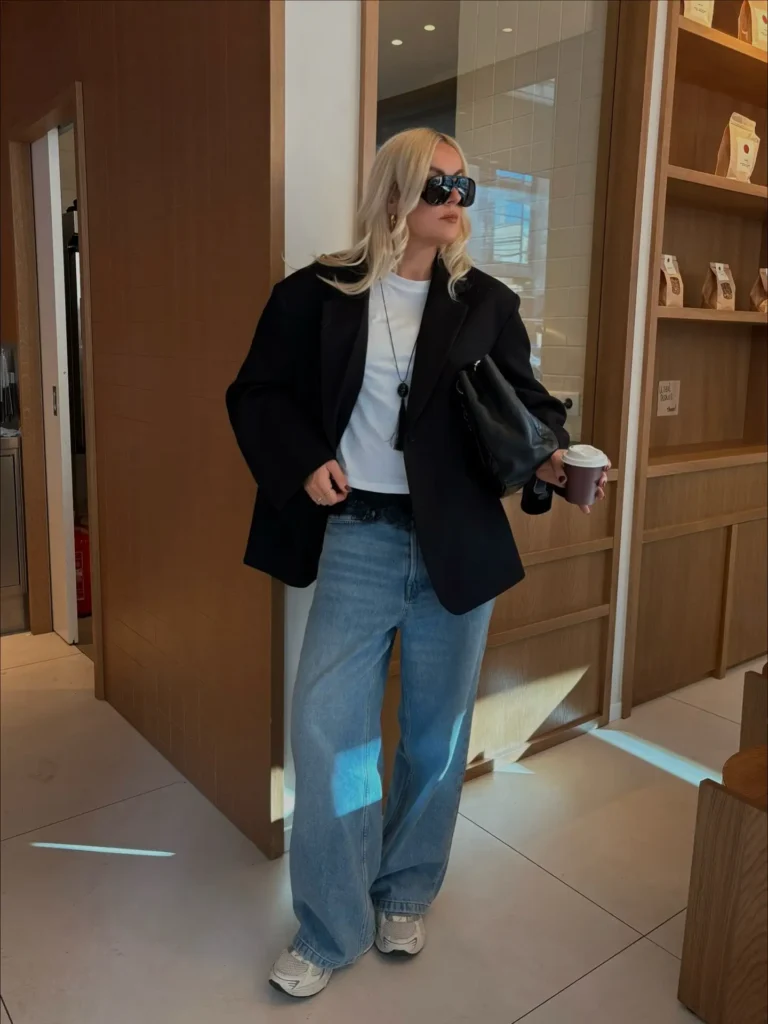 Black Blazer with Baggy Jeans and Sneakers Outfit