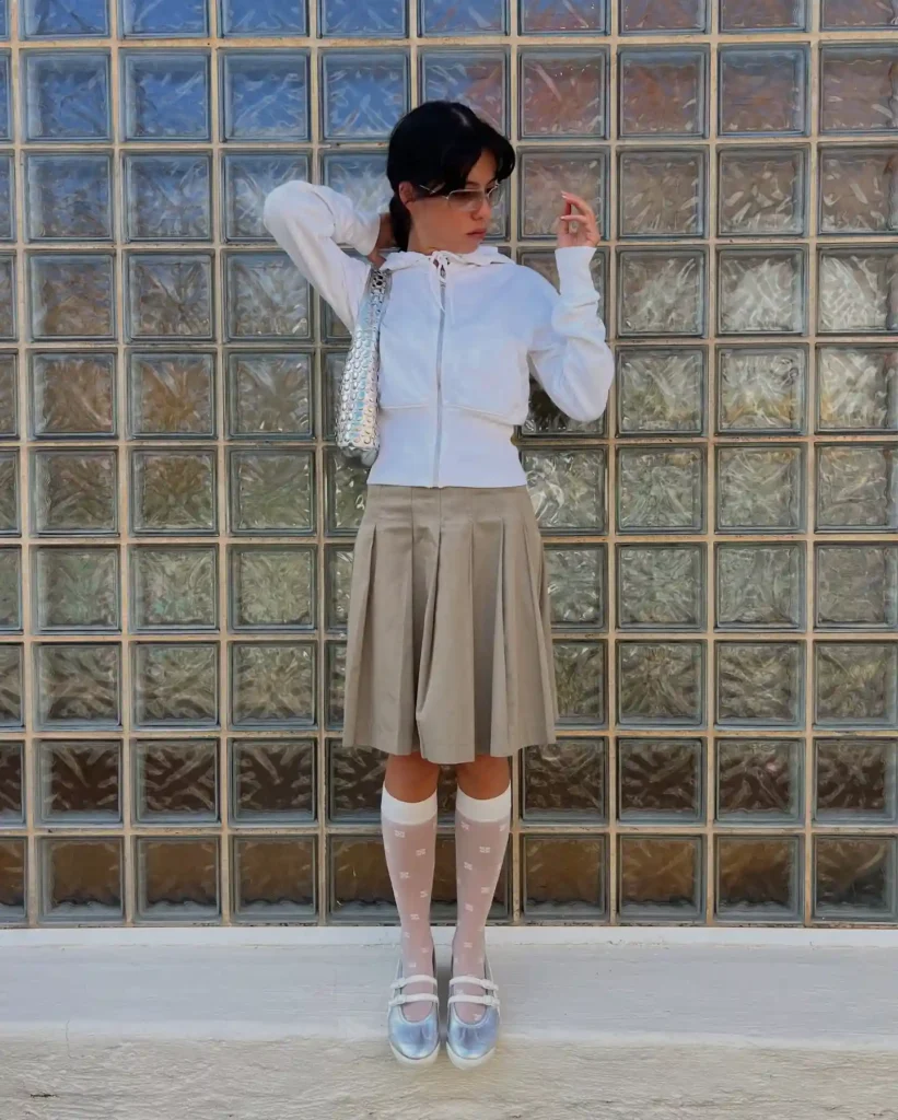 White Hoodie with Pleated Skirt Ballet Sneakers Outfit