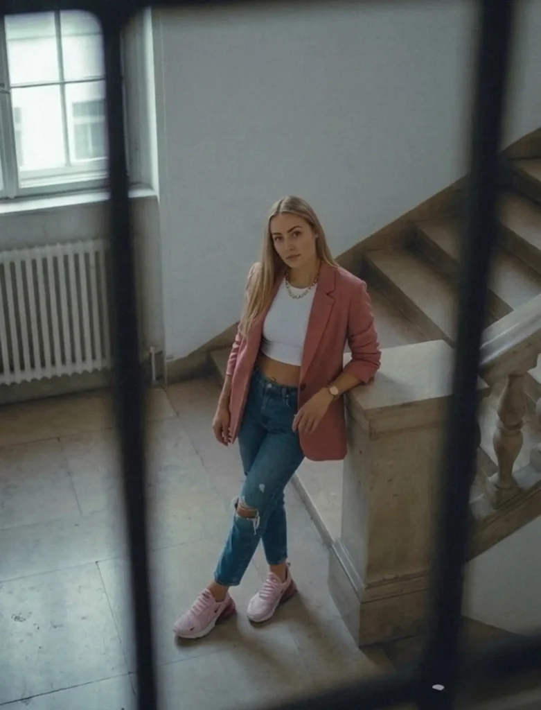 Dusty Pink Blazer with Ripped Jeans and Sneakers Outfit