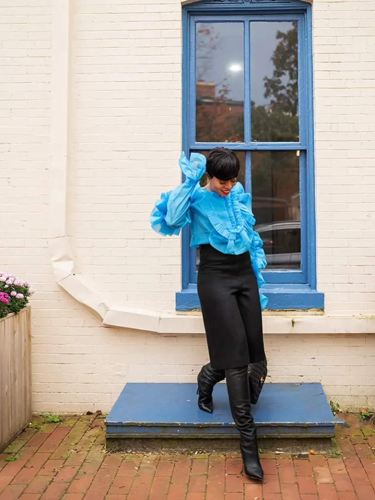 Blue Ruffle Blouse with Black Knee-High Boots Summer Outfit