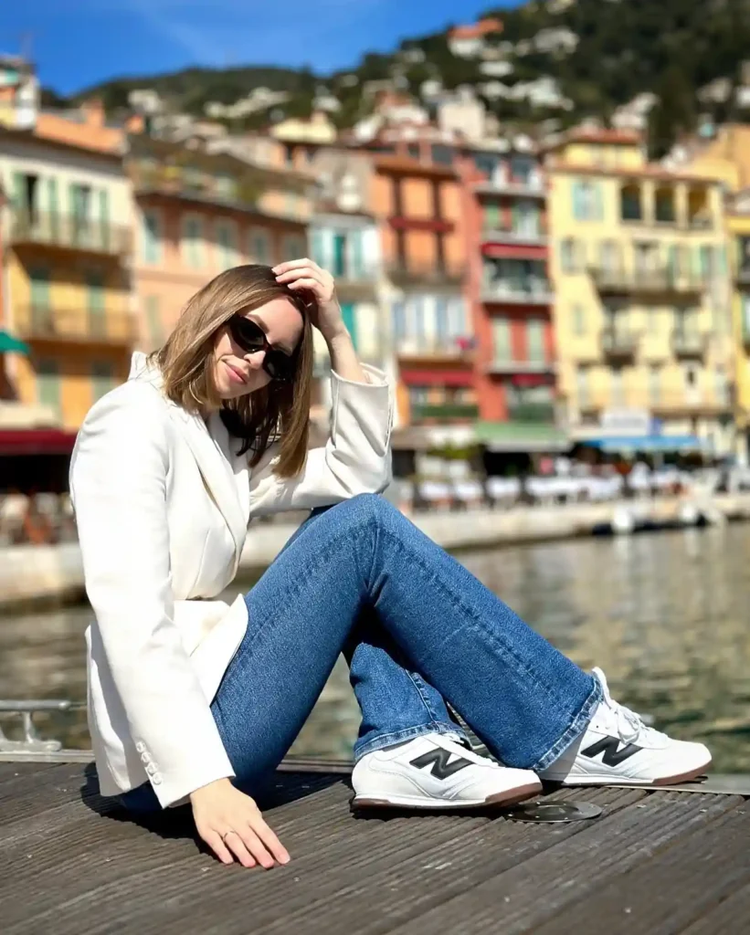 White Blazer with Blue Jeans New Balance RC42 Outfit