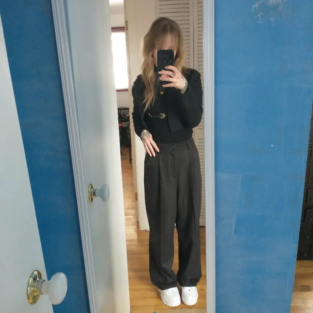 Black Top with Wide-Leg Trousers and White Chunky Sneakers