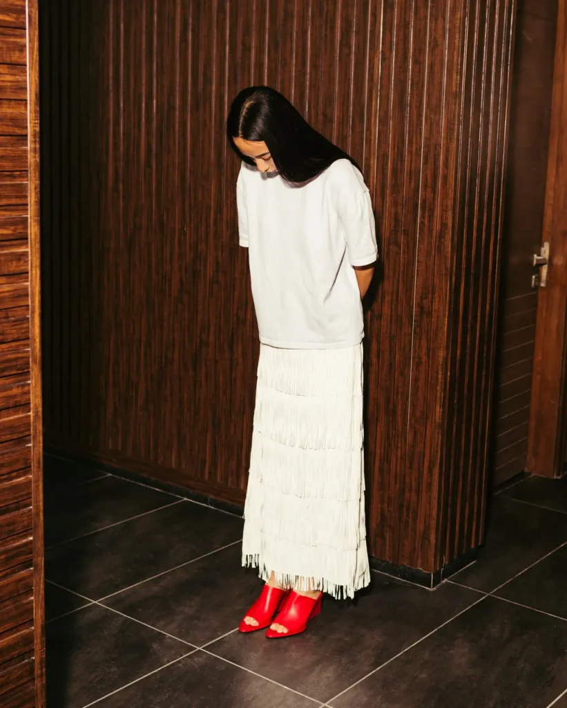 Fringe Maxi Skirt with Red Wedge Heels