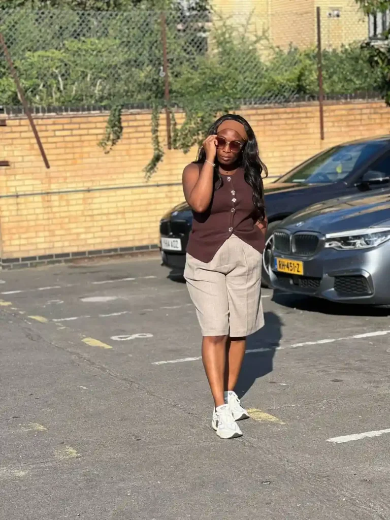Brown Sleeveless Top with Tailored Shorts and White Sneakers