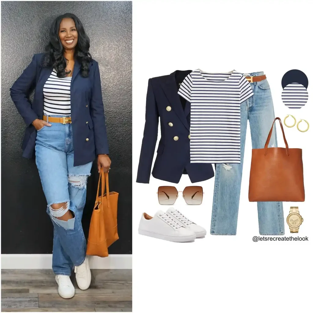 Navy Blazer with Striped Top and Ripped Jeans Outfit