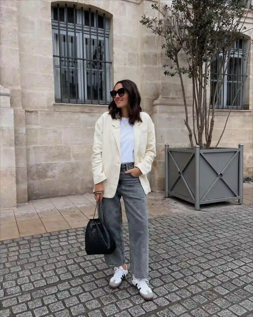 White Blazer with Gray Jeans and Sneakers