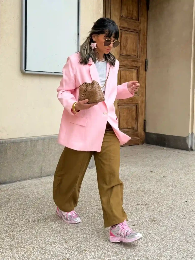 Pink Blazer with Wide-Leg Trousers and Sneakers Outfit