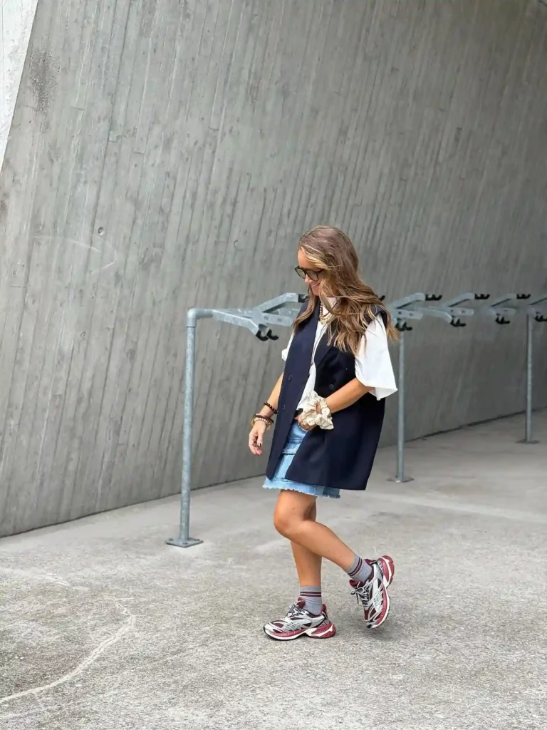 Navy Sleeveless Blazer with Denim Skirt Outfit