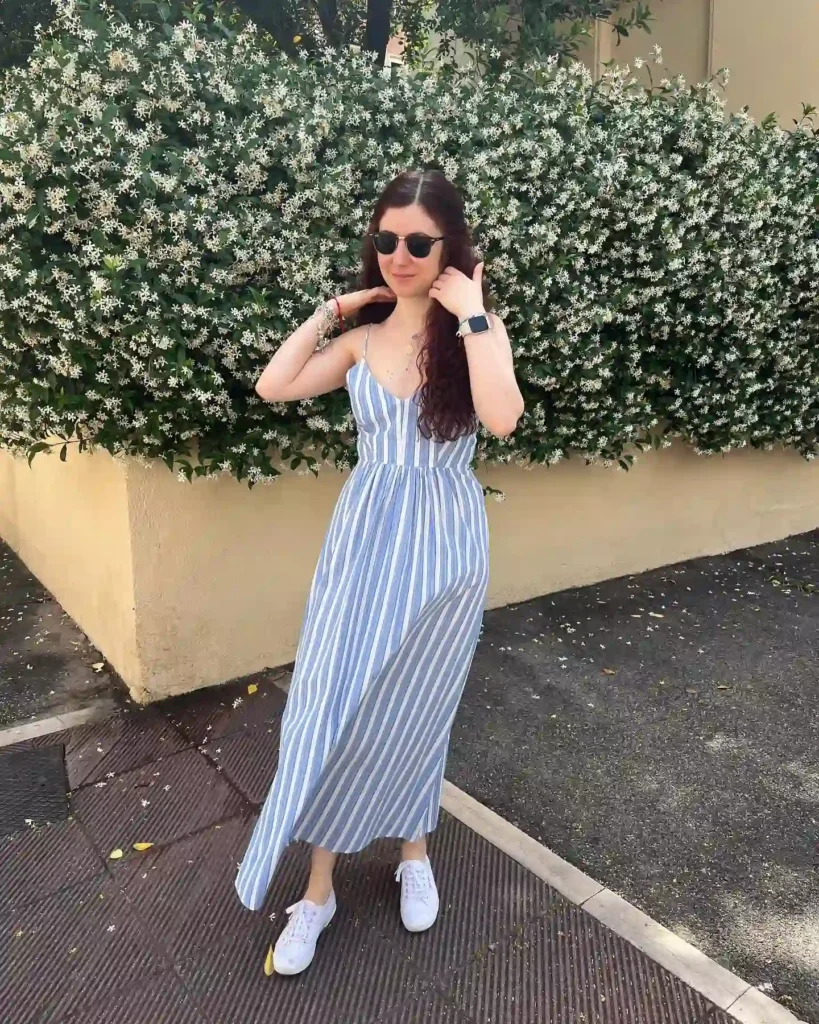 Blue Striped Maxi Dress with White Sneakers