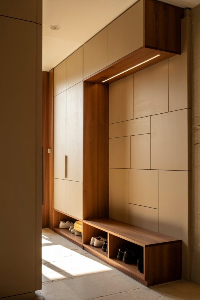 8. Built-In Hidden Shoe Bench with Wall Panel Integration