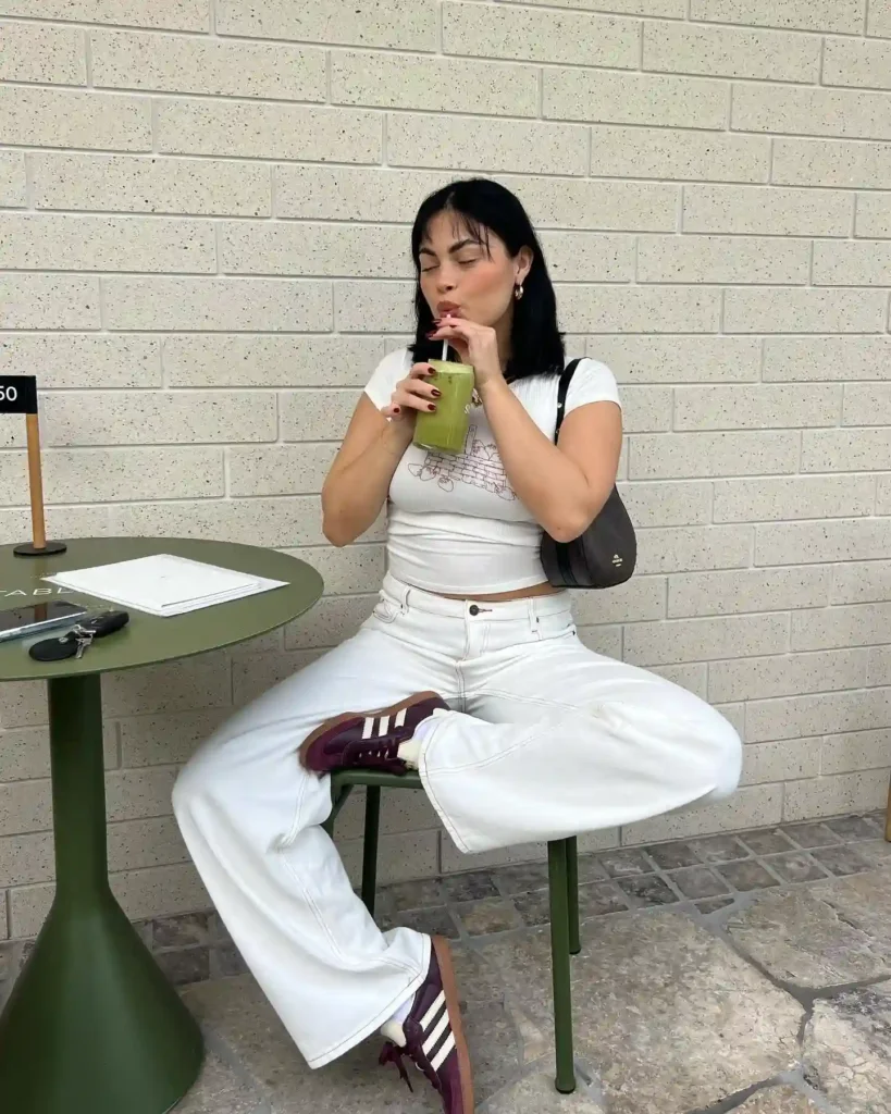 Burgundy Samba with White Tee and Wide-Leg Pants Outfit