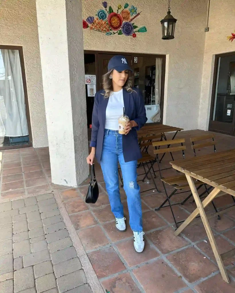 Navy Blazer with White Tee and Jeans Outfit