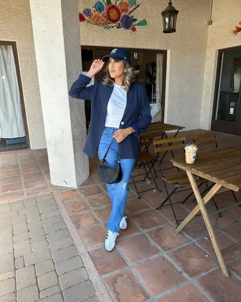 Navy Blazer with Blue Jeans and Sneakers Outfit
