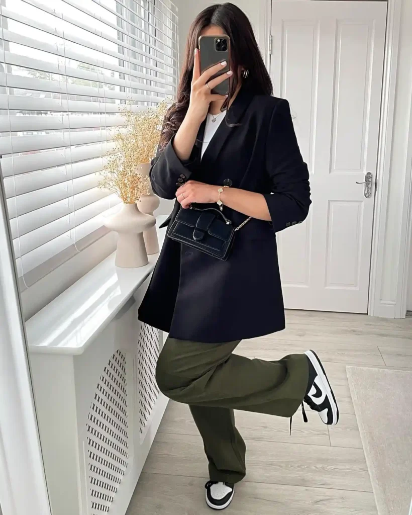 Black Blazer with Olive Pants and Sneakers Work Outfit