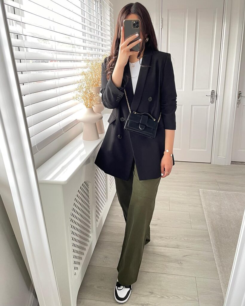Black Blazer with Olive Trousers and Sneakers