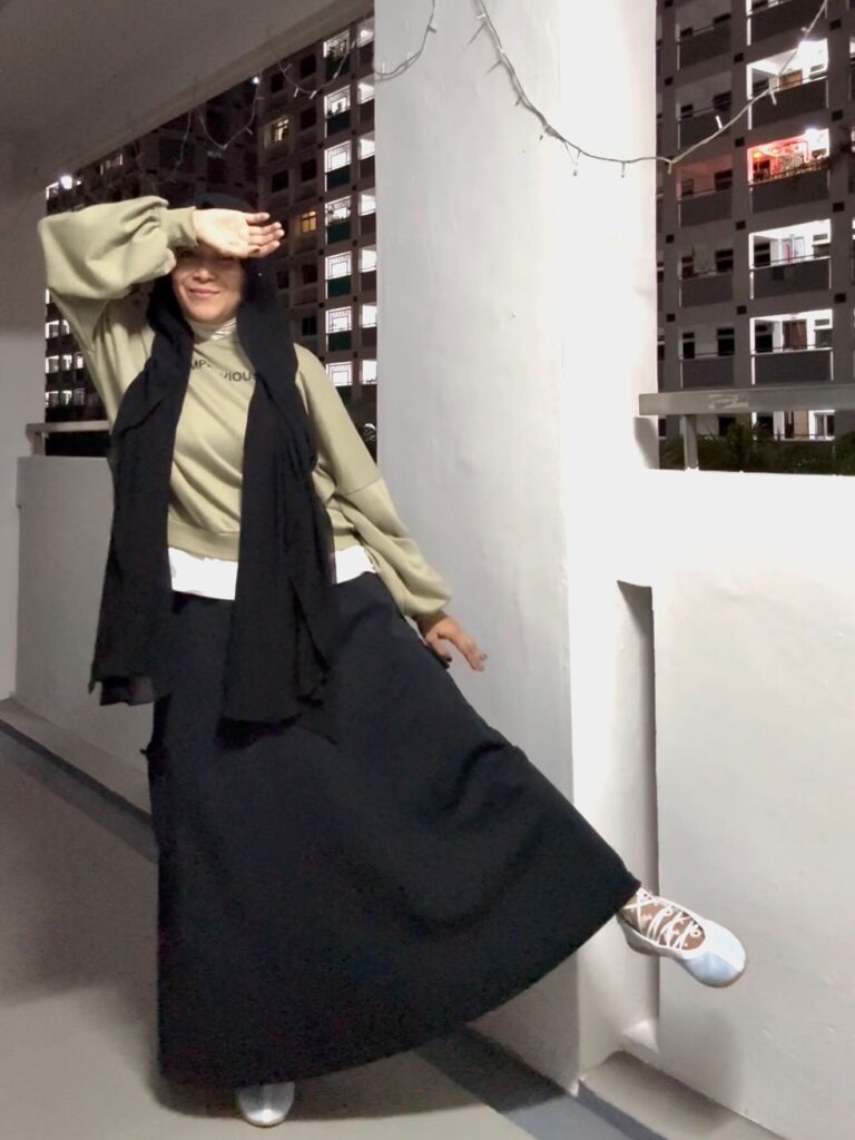 Olive Sweatshirt with Black Maxi Skirt and Adidas Taekwondo Mei Ballet Shoes