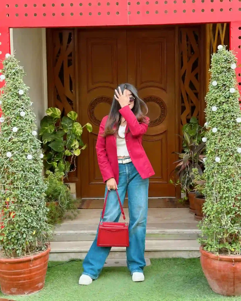 Pink Blazer with Wide-Leg Jeans and Sneakers