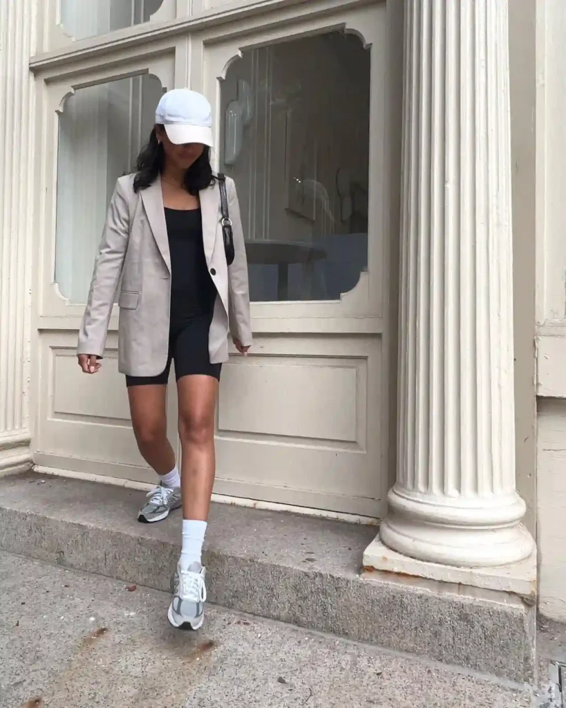 Beige Blazer with Biker Shorts and Sneakers Outfit