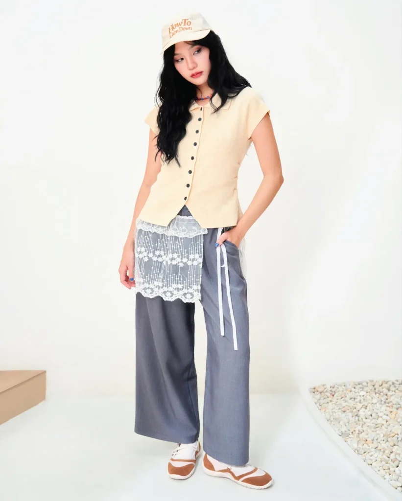 Lace Layered Top with Wide-Leg Pants Ballet Sneakers Outfit
