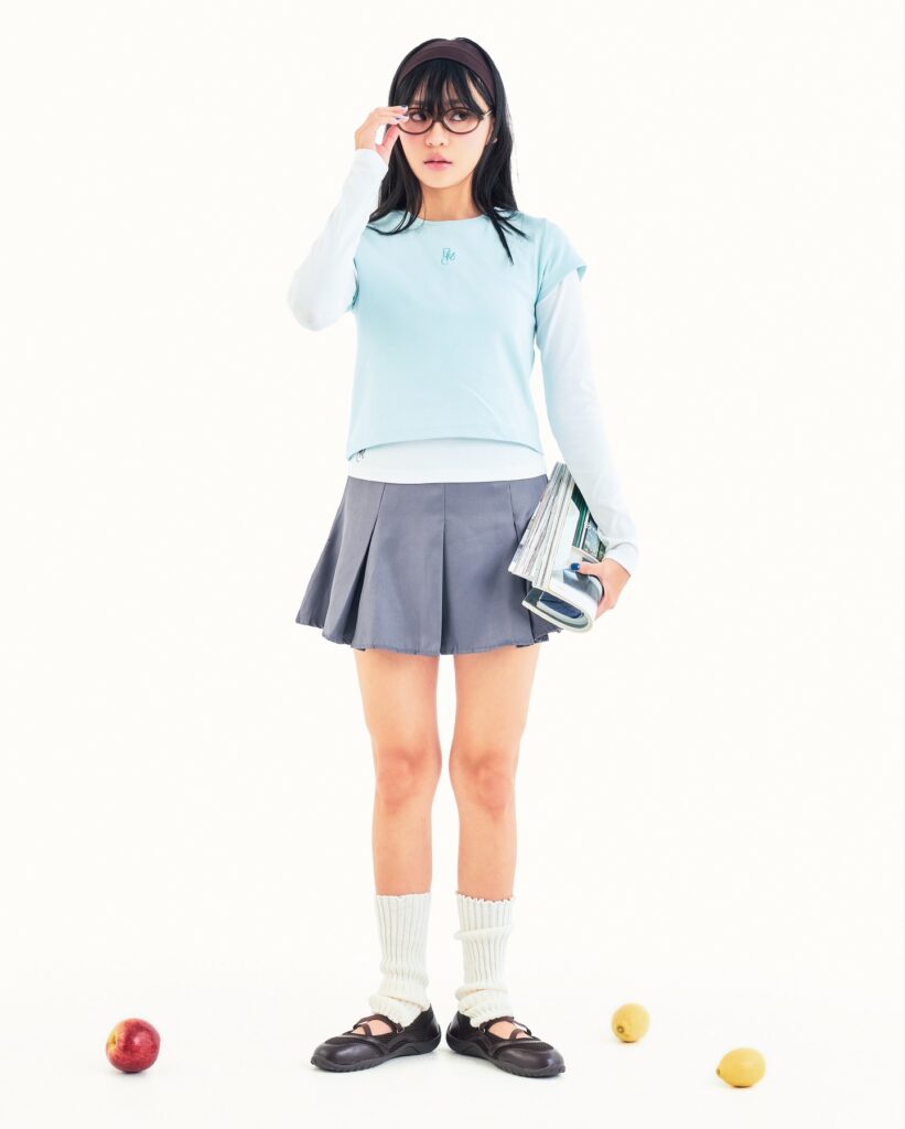 Baby Blue Top with Pleated Mini Skirt Ballet Sneakers Outfit