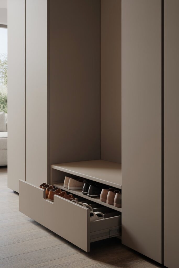 4. Minimal Hidden Shoe Bench with Handle-Less Drawers