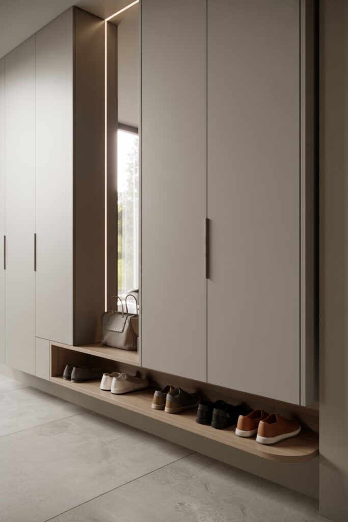 13. Minimal Hidden Shoe Storage Bench with Floating Side Extension