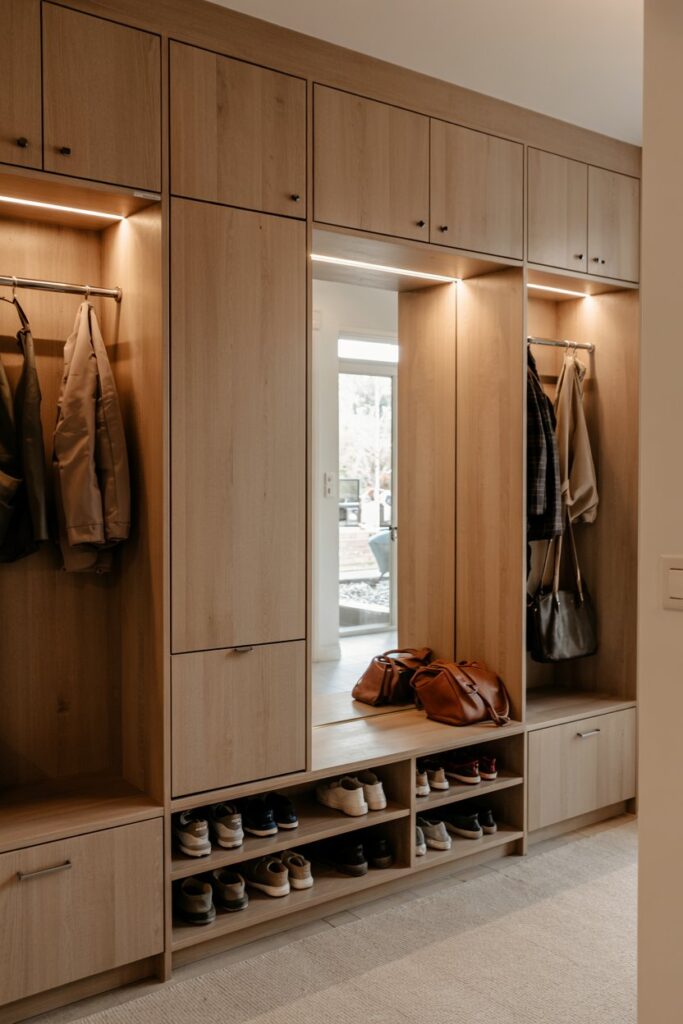 12. Hidden Shoe Bench with Vertical Cabinet Towers on Both Sides