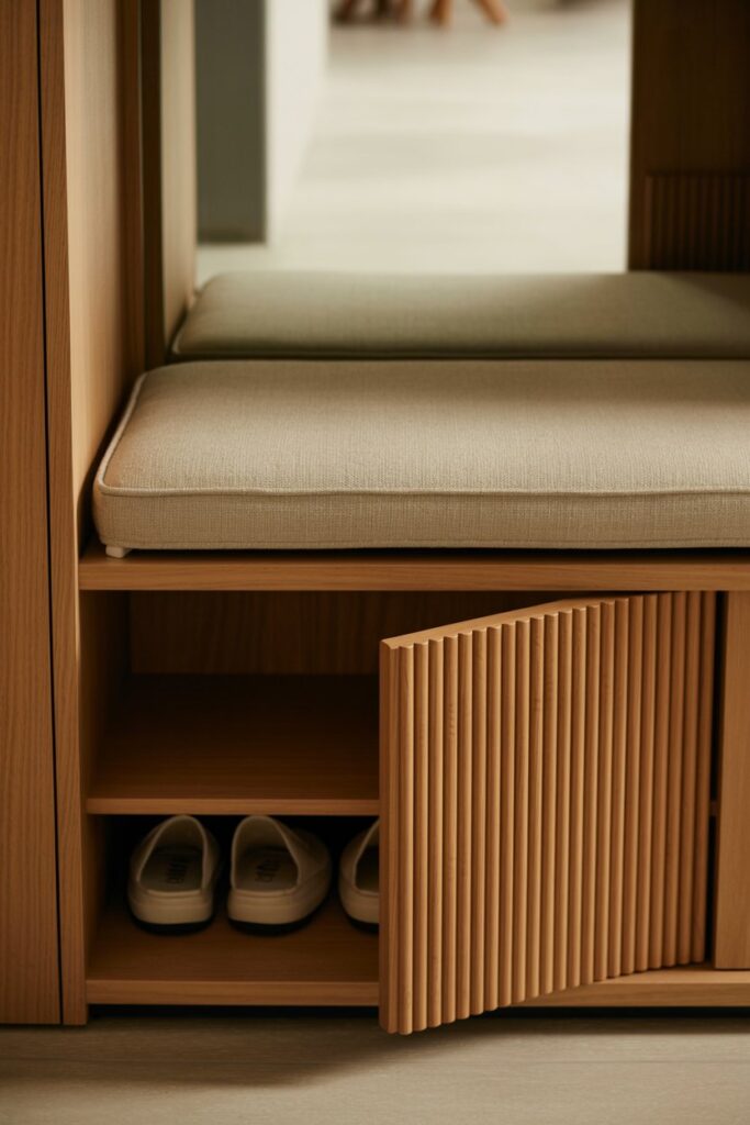6. Hidden Shoe Storage Bench with Sliding Tambour Doors
