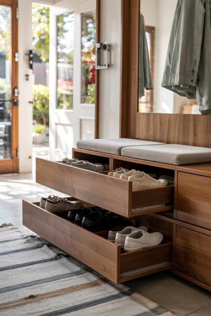 10. Hidden Shoe Storage Bench with Double-Layer Compartments