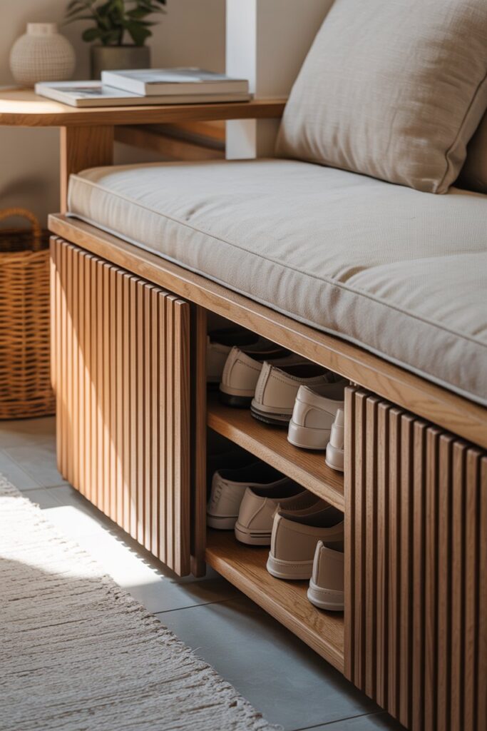 2. Hidden Shoe Bench with Vertical Slat Front Design