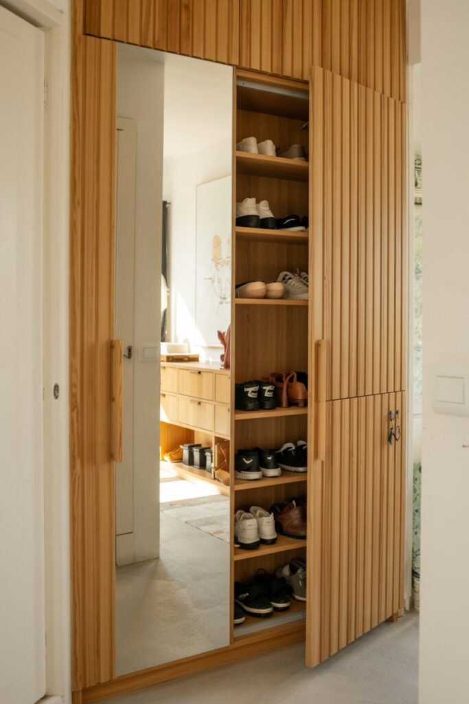11. Hidden Shoe Storage Behind a Fluted Entryway Cabinet