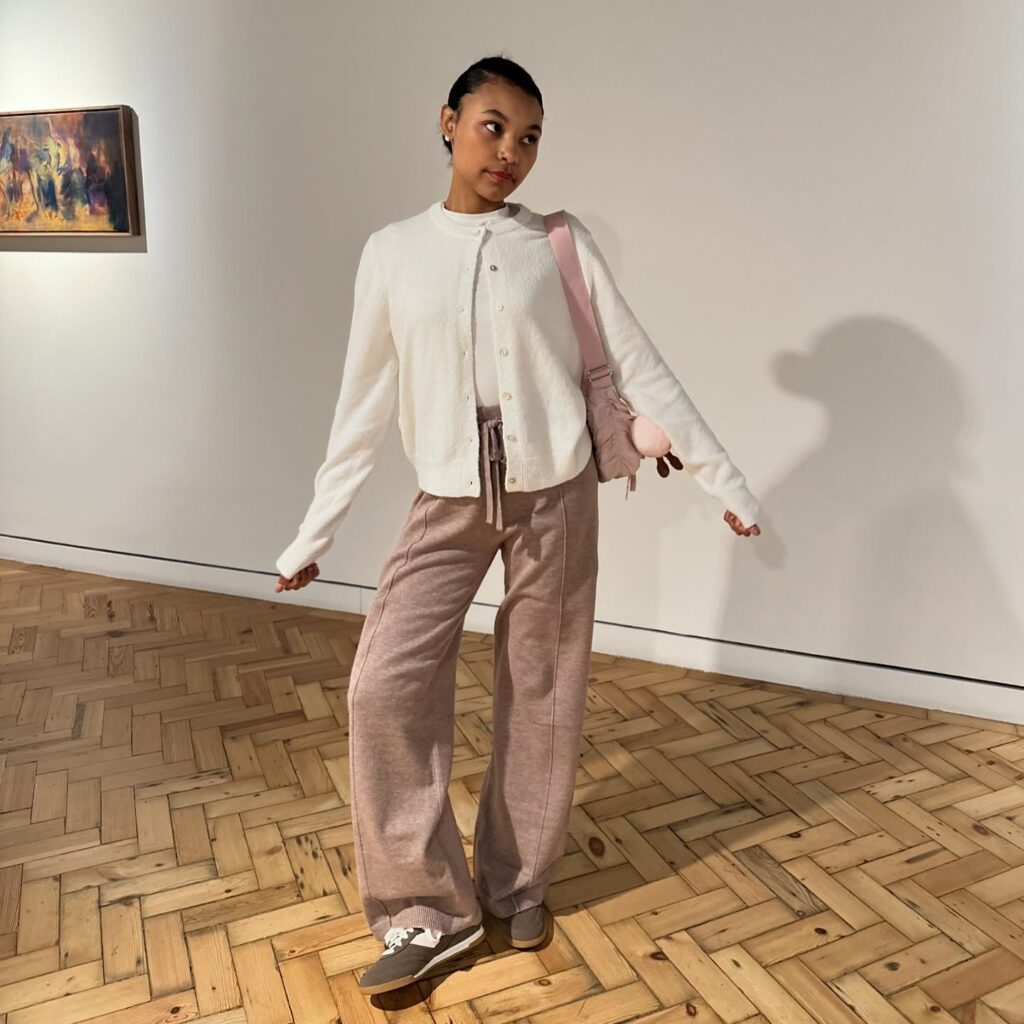 Soft Cardigan with Wide-Leg Sweatpants New Balance RC42 Outfit