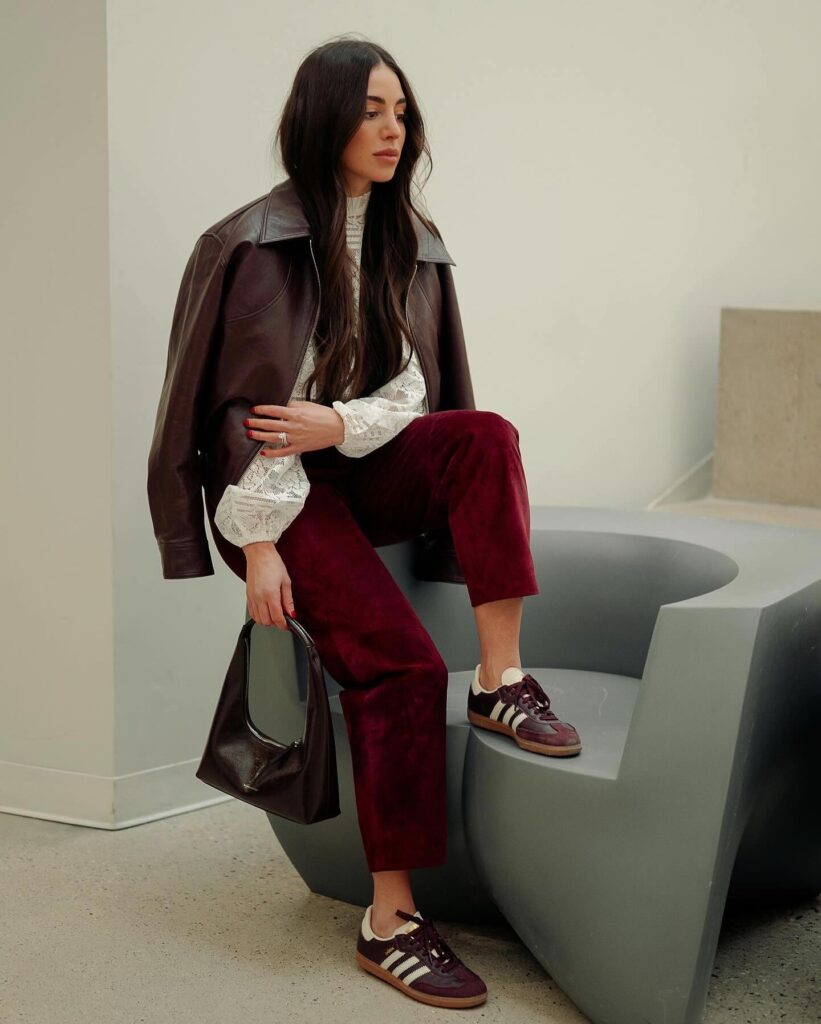 Burgundy Samba with Leather Jacket and Tailored Pants Outfit
