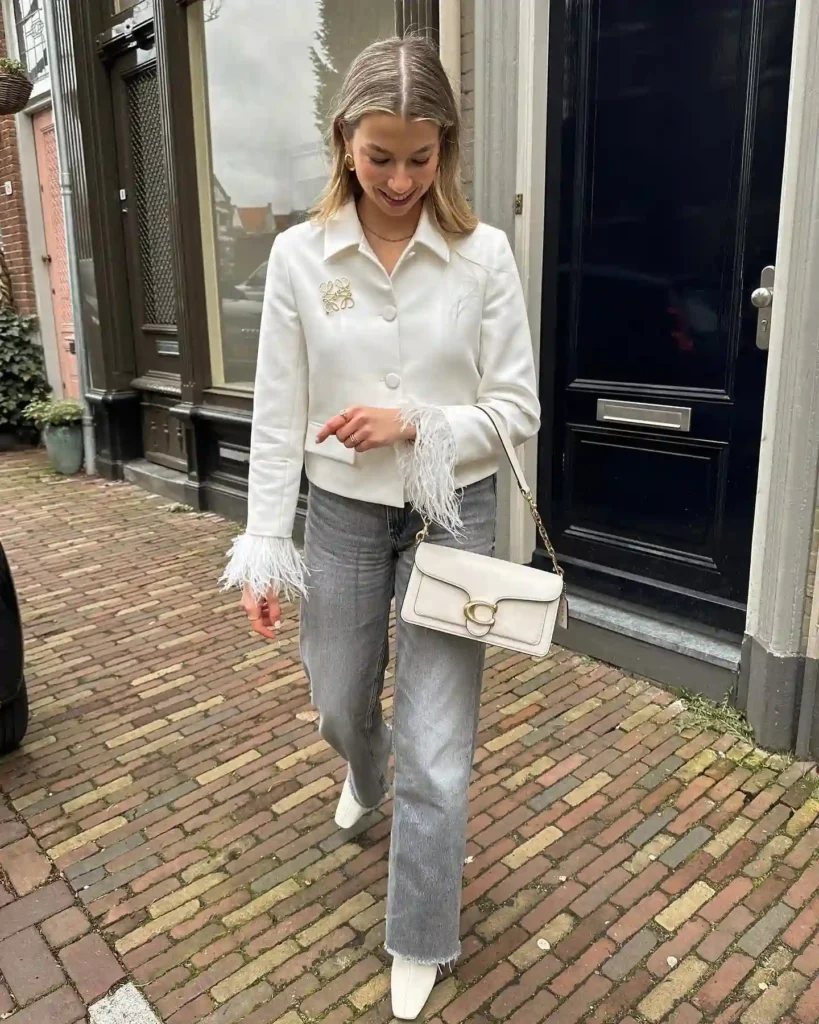 White Feather Blazer with Grey Jeans and Heeled Boots
