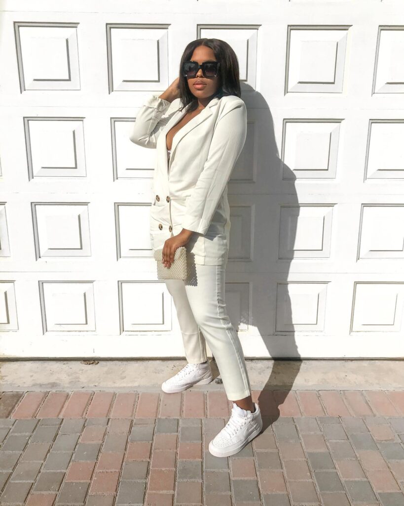 White Blazer Set with White Sneakers