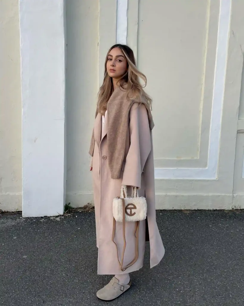 Long Wool Coat with Neutral Layers and Birkenstocks