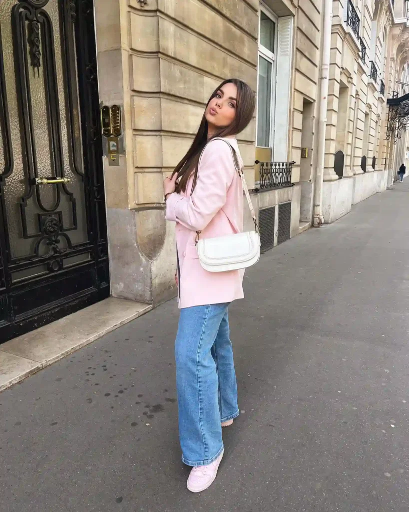 Pink Blazer with Wide-Leg Jeans and Sneakers Outfit